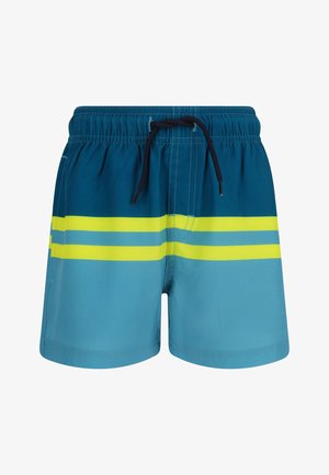 Shorts de bain en dégradé de bleu avec des rayures horizontales vertes et jaunes. Confectionnés en tissu léger, ils disposent d'une ceinture élastique et d'un cordon de serrage.