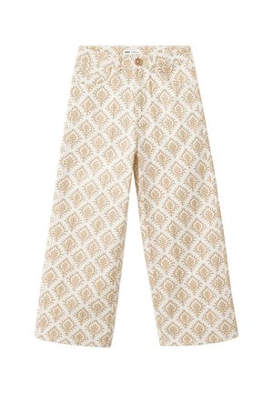 Pantalon blanc à jambes larges avec motif floral en losanges beige, fermeture à boutons et zip à l'avant.