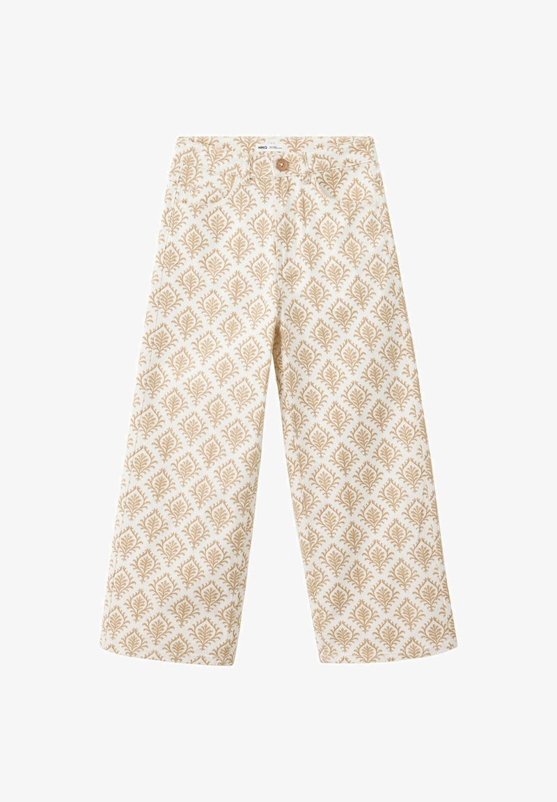 Pantalon blanc à jambes larges avec motif floral en losanges beige, fermeture à boutons et zip à l'avant.