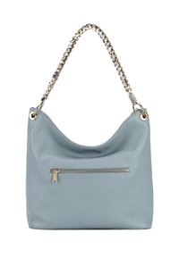 Borsa a spalla in pelle azzurro chiaro con finitura texturizzata, dotata di una tasca con zip dorata e di un manico a catena con accenti metallici.