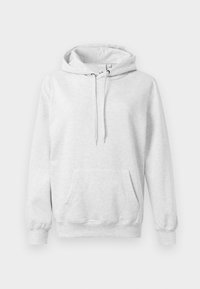 Lys grå hettegenser laget av myk bomullsblanding, med kengurulomme, snøring i hetta, og ribbestrikkede mansjetter og nederkant. Glatt tekstur, uformelt design.