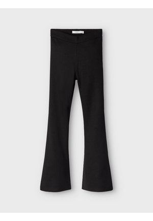 Pantalon noir évasé taille haute avec une taille cintrée et des jambes larges, présenté à plat sur un fond gris clair.