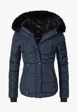 Námořnická modrá péřová bunda s kapucí lemovanou umělou kožešinou, zipovým zapínáním a čtyřmi kapsami. Obsahuje prošívaný design a žebrované manžety.