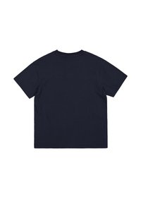 Camiseta de algodón de manga corta en azul marino con cuello redondo y un corte relajado. Textura suave, sin logotipos ni patrones visibles.