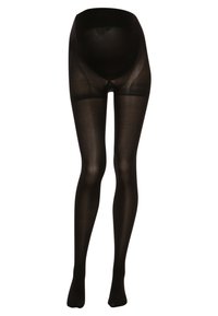 Schwarze transparente Strumpfhosen mit glatter Textur, voller Beinhülle und semi-opaquem Finish. Verstärkte Zehen- und Bundbereiche.