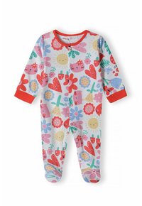 Baby vest i blødt, let stof; flerfarvet blomstermotiv og solmønster; rød kant omkring halsudskæring og ærmer; trykknaplukning.