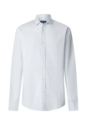 Wit overhemd met lange mouwen, knoopsluiting, lichtblauw ruitpatroon en een klassieke kraag, afgebeeld op een witte achtergrond.