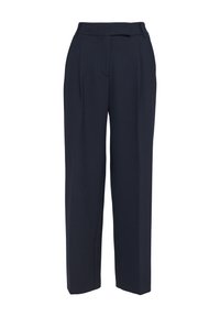 Marineblaue, maßgeschneiderte Hose mit hohem Bund, Falten und geradem Bein, aus einem glatten, leichten Stoff gefertigt.