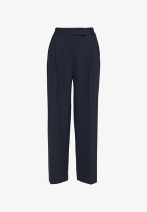 Navy blue tailored trousers with a high waistband, pleats, and a straight leg design, made from a smooth, lightweight fabric.