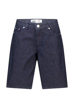Donkerblauwe denim shorts met dunne witte verticale strepen, met knoop aan de voorkant, riemlussen en zakken aan beide zijden.