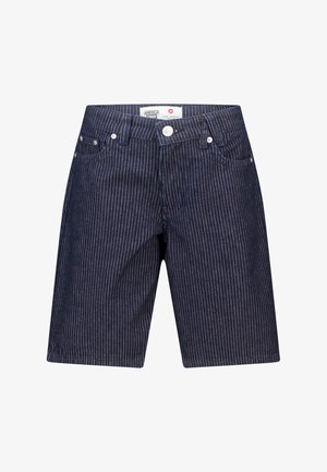 Donkerblauwe denim shorts met dunne witte verticale strepen, met knoop aan de voorkant, riemlussen en zakken aan beide zijden.