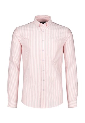 Męska koszula z długim rękawem w jasnoróżowe i białe pionowe paski oraz kołnierzem zapinanym na guziki.