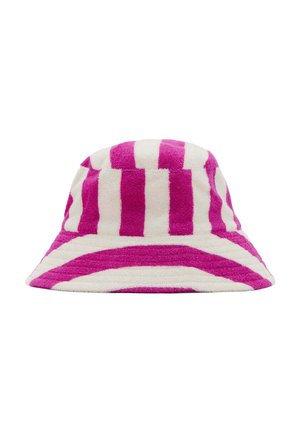 Bucket klobúk s vertikálnymi ružovými a bielymi pruhmi z mäkkej, textúrovanej látky.
