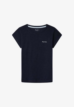 Temno modra bombažna majica s kratkimi rokavi, okrolim ovratnikom in majhnim belim logotipom »Pepe Jeans« na levem prsnem delu. Gladka tekstura.