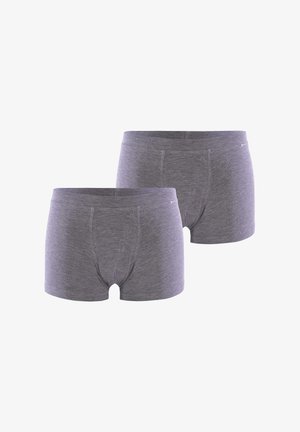 Pantaloni boxer in cotone grigi, con cintura elastica, texture liscia e design anteriore senza cuciture. Due paia esposti insieme.