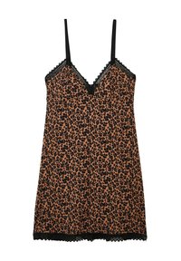 Maglietta da notte con stampa leopardata in tonalità di marrone e nero, con un bordo in pizzo lungo il colletto e l'orlo, dotata di spalline sottili e regolabili.