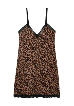 Chemise de nuit imprimée léopard dans des nuances de brun et noir, avec une bordure en dentelle le long du col et de l'ourlet, dotée de fines bretelles réglables.