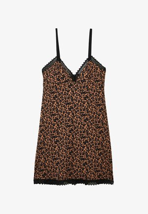 Maglietta da notte con stampa leopardata in tonalità di marrone e nero, con un bordo in pizzo lungo il colletto e l'orlo, dotata di spalline sottili e regolabili.