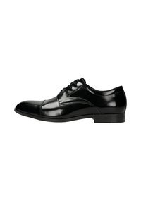 Scarpa da donna in pelle nera con finitura lucida, caratterizzata da una punta arrotondata, allacciatura frontale e tacco basso impilato. Design elegante con dettagli minimi.