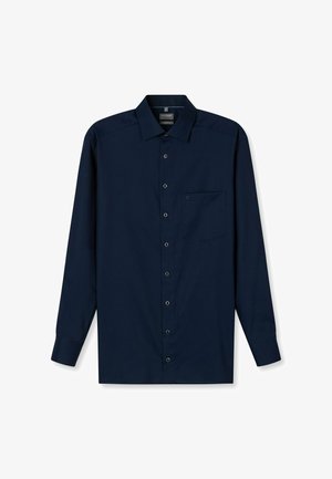 Marineblaue Langarmbluse in einfarbigem Design mit durchgehender Knopfleiste, Kragen und Brusttasche. Hergestellt aus glattem Stoff.