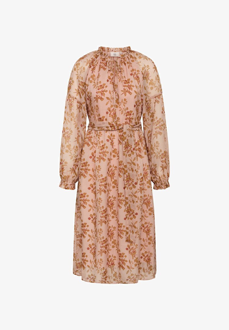 Blumenkleid in Midi-Länge aus leichtem, durchscheinendem Stoff mit langen Puffärmeln, einem gerafften Ausschnitt und einem passenden Gürtel. Besitzt ein zartes Blumenmuster.