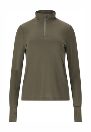Haut à manches longues à zip quart en vert olive, fabriqué dans un matériau léger, avec une texture lisse et des manches à revers avec des orifices pour les pouces.