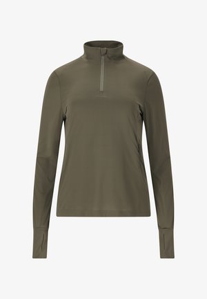 Kwart-rits langslijftop in olijfgroen, gemaakt van lichtgewicht materiaal, met een gladde textuur en manchetmouwen met duimgaten.