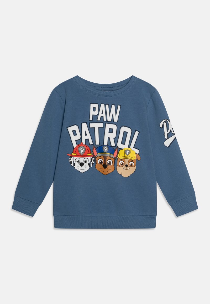 Niebieska bluza z nadrukiem tekstu "PAW PATROL" oraz rysunkowymi psimi twarzami: dalmatyńczyka, rottweilera i bulldoga. Długie rękawy, ściągacze na mankietach.