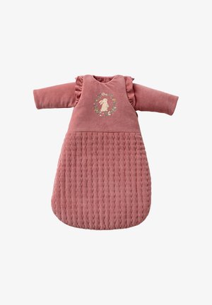 Pink long-sleeve baby sleeping bag with quilted bottom, ruffled shoulders, and a bunny surrounded by flowers embroidered on the chest.