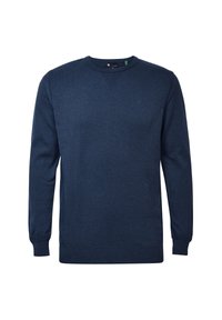 Námořnický modrý svetr vyrobený z měkké tkaniny, s kulatým výstřihem, dlouhými rukávy a jemným texturovaným detailem na ramenou.