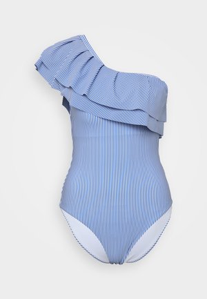 Én-skulder badedrakt med blå og hvite vertikale striper, rynkede detaljer ved halsen, og glatt stofftekstur.
