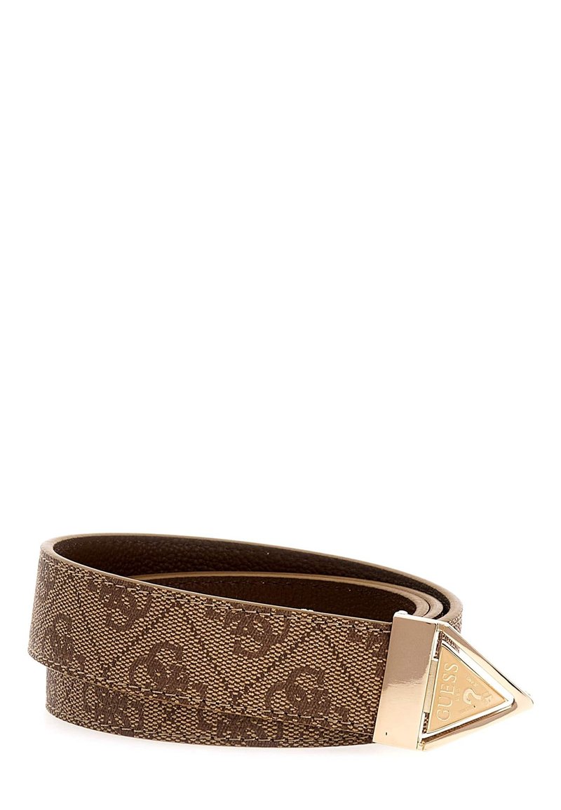 Cintura marrone con motivo, caratterizzata da una finitura liscia e un fermaglio metallico triangolare con logo e design elegante.