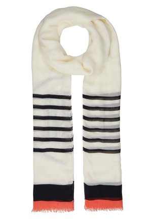 Long white scarf with horizontal black stripes in the center and solid black and red bands with fringed edges at both ends.