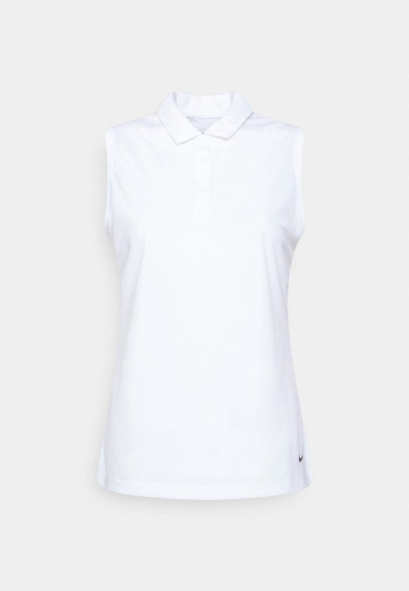 Hvit ermeløs polo skjorte laget av bomull, med spiss krage, knappestolpe og Nike-logo på nedre venstre side.