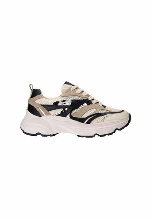 Beige and black athletic sneaker with mesh upper, synthetic accents, textured sole, and contrasting stripes. Features laces and back pull tab.