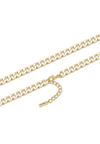 Guldtonet kædedesign med sammenflettede led, der har hvide accenter og en krabbe-lås. Inkluderer en justerbar kæde for variationsmuligheder i længden.