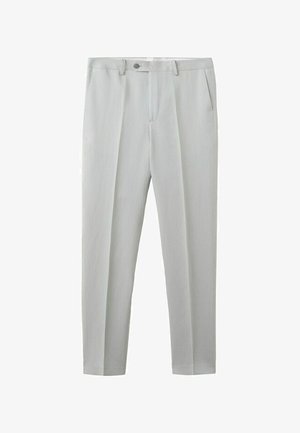 Lichtgrijze, op maat gemaakte broek met een knoop- en ritssluiting, riemlussen en zijzakken, getoond op een witte achtergrond.