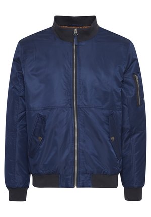 Veste bombers bleu marine en tissu lisse, dotée d'un zip à l'avant, d'un col côtelé et de deux poches avant avec fermetures à pression.