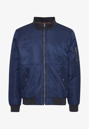 Veste bombers bleu marine en tissu lisse, dotée d'un zip à l'avant, d'un col côtelé et de deux poches avant avec fermetures à pression.