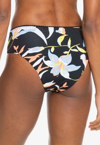 Black bikini bottom featuring a floral pattern in pastel colors, with a scalloped edge and a fitted design. Smooth, stretchy material.