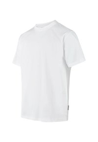 White short-sleeve T-shirt made of smooth cotton, featuring a crew neck and a small brand label on the side seam.