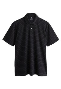 Polo de manga corta negro con un pequeño patrón de signos más dorados, un solo botón blanco y cuello estándar, tamaño mediano, corte regular.