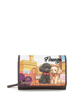 Portafoglio con illustrazione di due piccoli cani con fiocchi, un tavolo con una tovaglia a quadri e il panorama della città di Firenze con una torre dell'orologio.