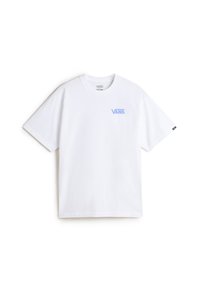 White cotton T-shirt with short sleeves, featuring a light blue Vans logo on the upper left chest area. Classic crew neck design.