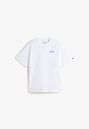 Valkoinen puuvillaitaidepaita lyhyillä hihoilla, jossa on vaaleansininen Vans-logo vasemmassa ylärintassa. Klassinen pyöreä kaula-aukko.