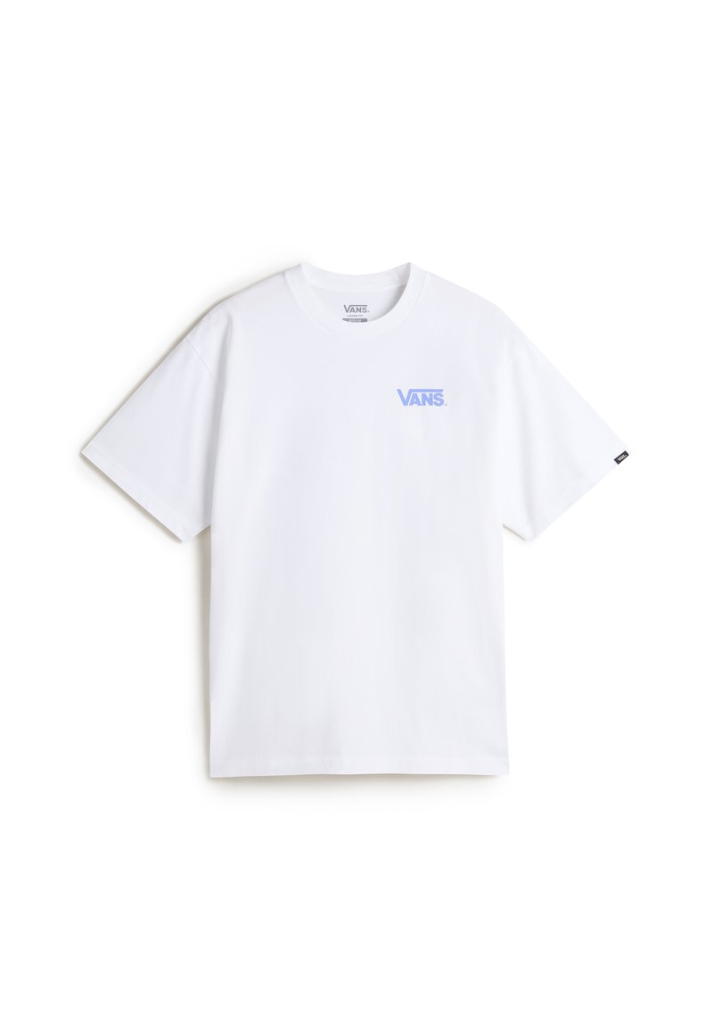 White cotton T-shirt with short sleeves, featuring a light blue Vans logo on the upper left chest area. Classic crew neck design.