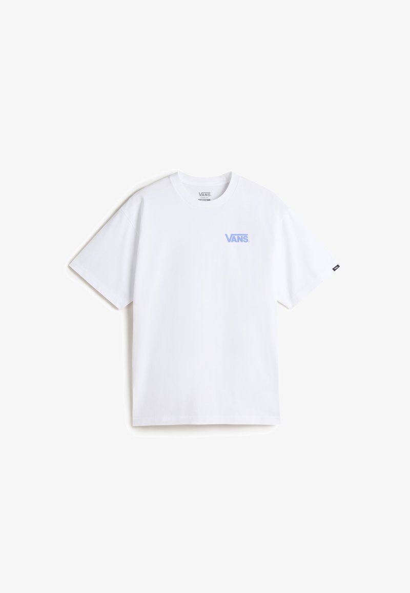 Bílá bavlněná tričko s krátkým rukávem, s světle modrým logem Vans na horní levé části hrudi. Klasický design s kulatým výstřihem.