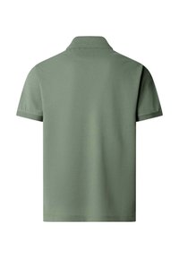 Polo uni vert olive à manches courtes, vu de dos, avec un col classique et des manches ainsi qu'un bas simples ourlés.