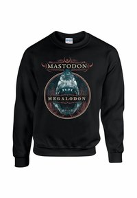 Czarny sweter z okrągłym dekoltem z graficznym nadrukiem rekinem megalodon z napisem "MASTODON" powyżej i "MEGALODON" poniżej w okrągłym wzorze.