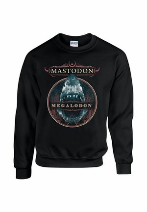 Sudadera negra de cuello redondo con un estampado gráfico de un tiburón megalodón, con el texto "MASTODON" arriba y "MEGALODON" abajo en un diseño circular.